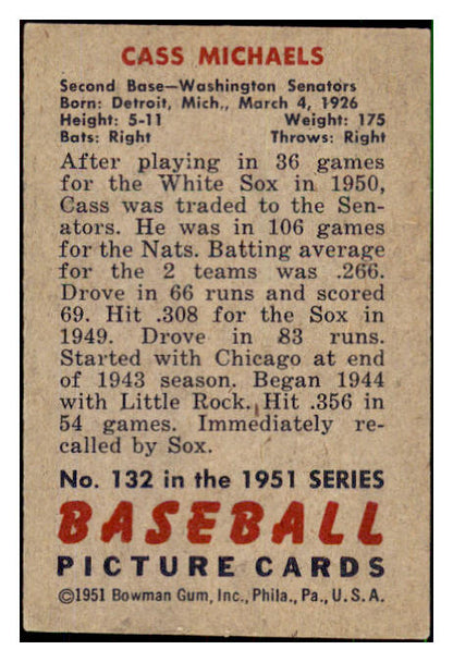 1951 Bowman Baseball #132 Cass Michaels Senators VG-EX 492615