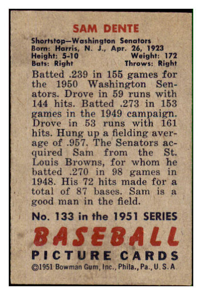 1951 Bowman Baseball #133 Sam Dente Senators EX-MT 492616
