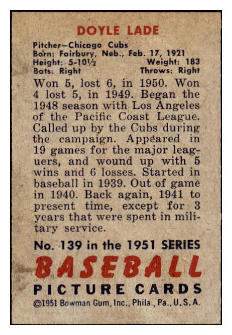 1951 Bowman Baseball #139 Doyle Lade Cubs EX-MT 492621