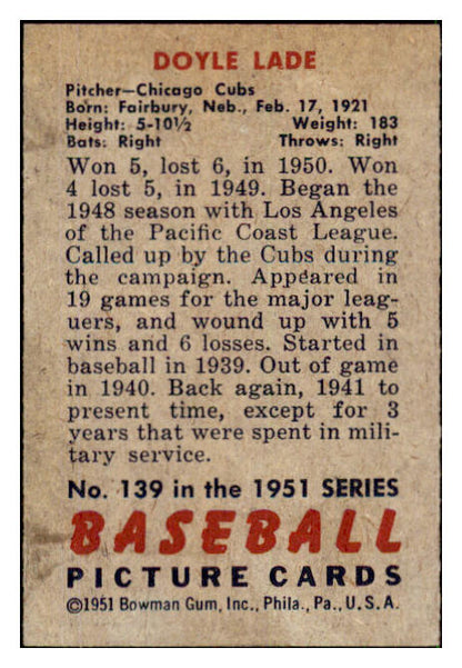 1951 Bowman Baseball #139 Doyle Lade Cubs EX-MT 492621