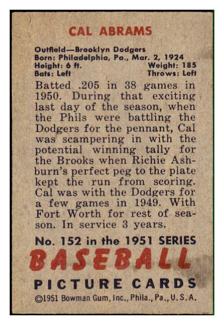 1951 Bowman Baseball #152 Cal Abrams Dodgers EX-MT 492631