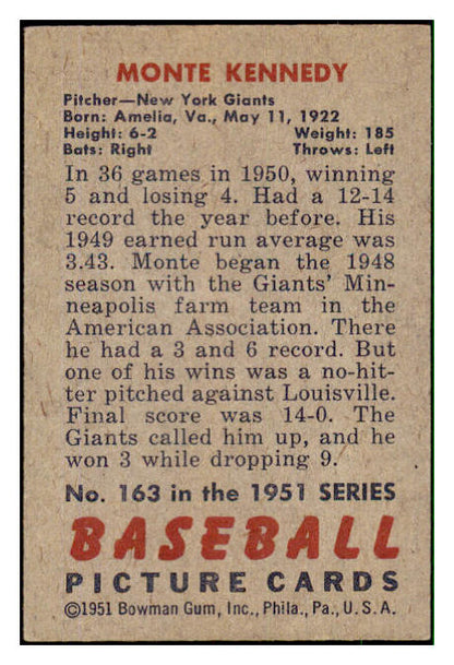 1951 Bowman Baseball #163 Monte Kennedy Giants EX-MT 492642