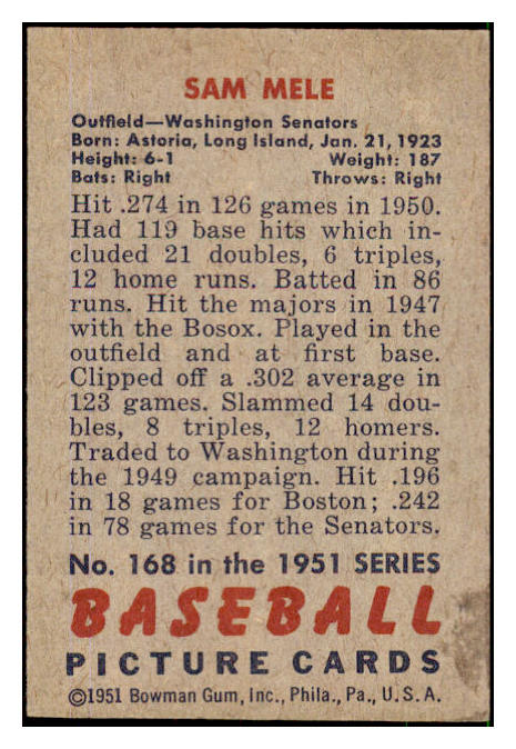1951 Bowman Baseball #168 Sam Mele Senators EX-MT 492646
