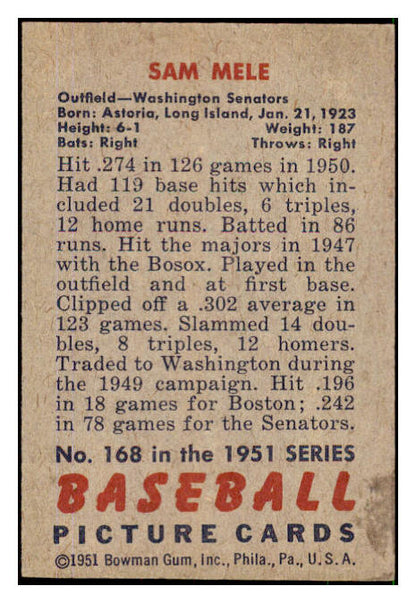 1951 Bowman Baseball #168 Sam Mele Senators EX-MT 492646