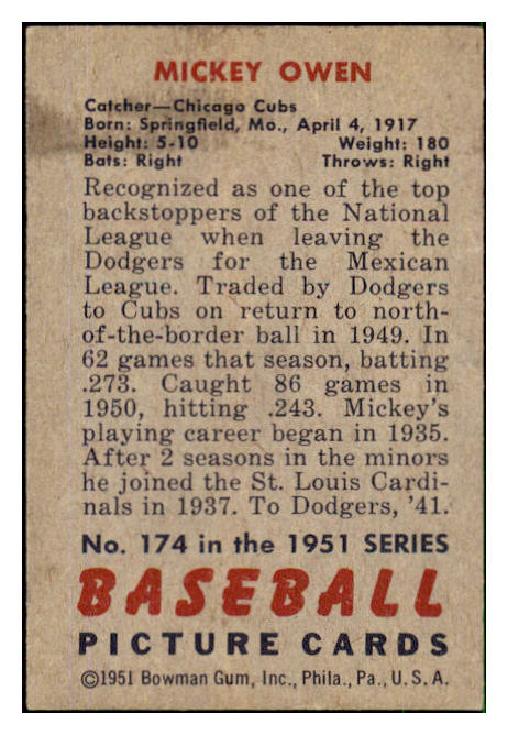 1951 Bowman Baseball #174 Mickey Owen Cubs EX 492652
