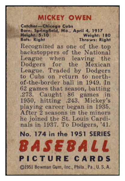 1951 Bowman Baseball #174 Mickey Owen Cubs EX 492652