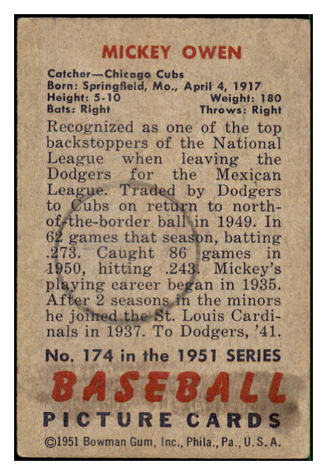 1951 Bowman Baseball #174 Mickey Owen Cubs VG-EX 492653