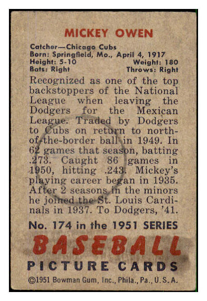 1951 Bowman Baseball #174 Mickey Owen Cubs VG-EX 492653