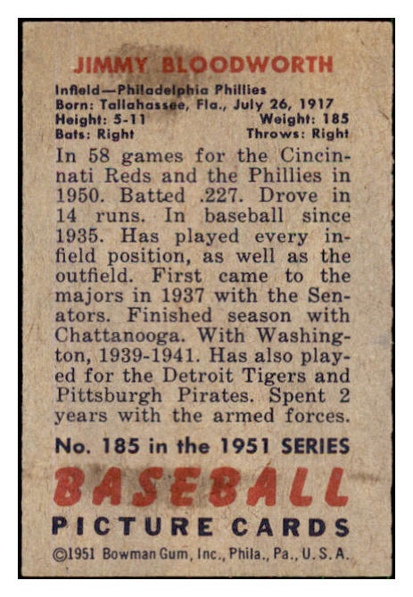 1951 Bowman Baseball #185 Jimmy Bloodworth Phillies EX-MT 492660
