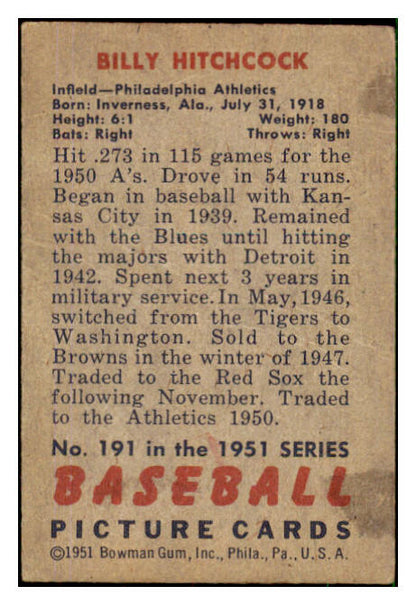 1951 Bowman Baseball #191 Billy Hitchcock A's VG 492665