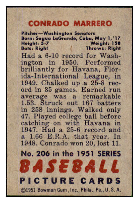 1951 Bowman Baseball #206 Connie Marrero Senators EX-MT 492676