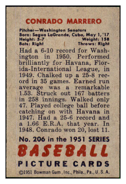 1951 Bowman Baseball #206 Connie Marrero Senators EX-MT 492676