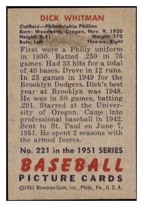 1951 Bowman Baseball #221 Dick Whitman Phillies EX 492688