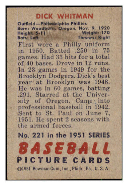 1951 Bowman Baseball #221 Dick Whitman Phillies EX 492688