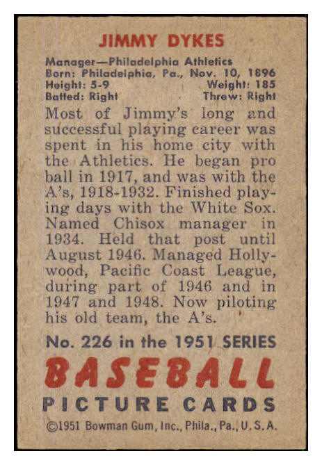 1951 Bowman Baseball #226 Jimmy Dykes A's EX-MT 492691