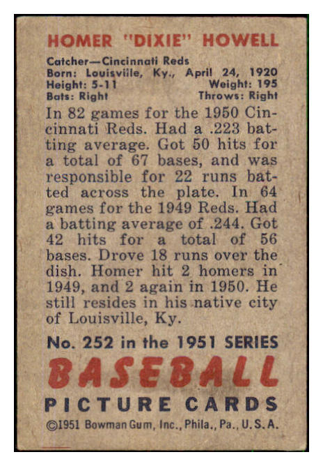 1951 Bowman Baseball #252 Dixie Howell Reds VG-EX 492714
