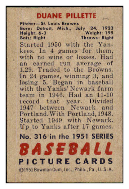 1951 Bowman Baseball #316 Duane Pillette Browns VG-EX 492728