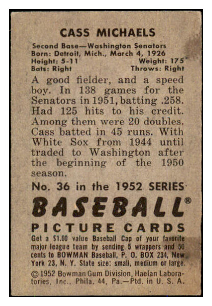 1952 Bowman Baseball #036 Cass Michaels Senators VG-EX 492773