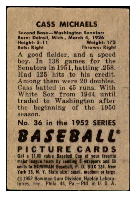 1952 Bowman Baseball #036 Cass Michaels Senators VG 492774