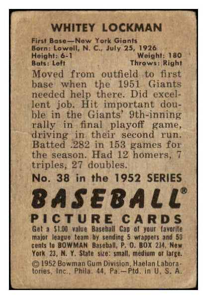 1952 Bowman Baseball #038 Whitey Lockman Giants VG 492777