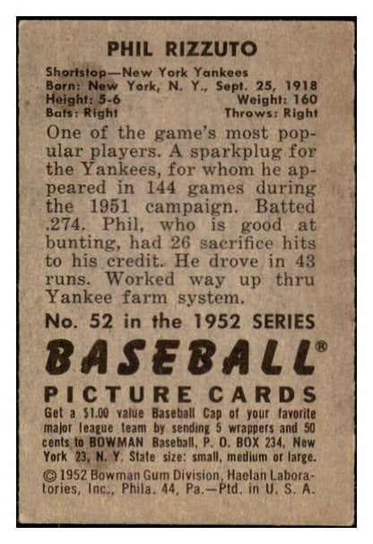 1952 Bowman Baseball #052 Phil Rizzuto Yankees VG-EX 492793