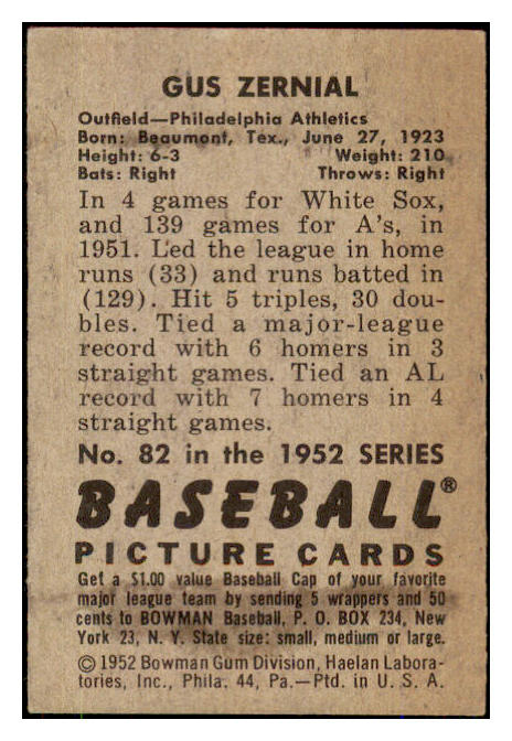 1952 Bowman Baseball #082 Gus Zernial A's VG 492837
