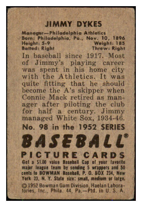 1952 Bowman Baseball #098 Jimmie Dykes A's GD-VG 492859