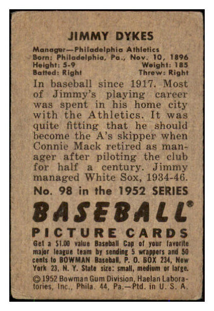 1952 Bowman Baseball #098 Jimmie Dykes A's GD-VG 492859