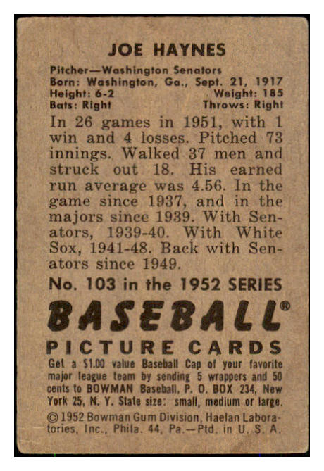 1952 Bowman Baseball #103 Joe Haynes Senators VG-EX 492861
