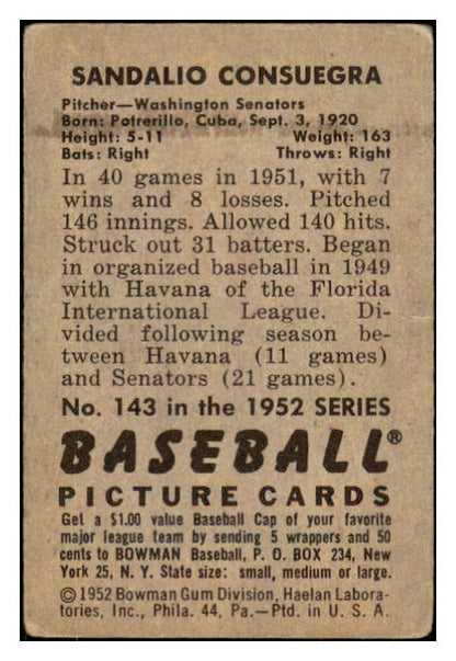 1952 Bowman Baseball #143 Sandy Consuegra Senators VG 492894