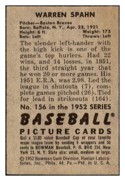 1952 Bowman Baseball #156 Warren Spahn Braves EX-MT 492904