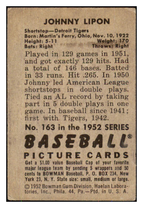 1952 Bowman Baseball #163 Johnny Lipon Tigers GD-VG 492910