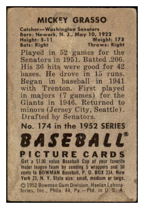 1952 Bowman Baseball #174 Mickey Grasso Senators GD-VG 492920