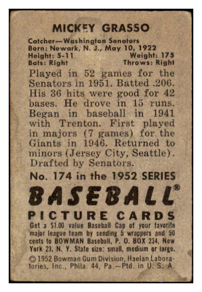 1952 Bowman Baseball #174 Mickey Grasso Senators GD-VG 492920