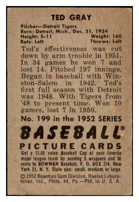 1952 Bowman Baseball #199 Ted Gray Tigers VG 492940