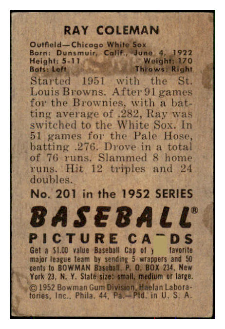 1952 Bowman Baseball #201 Ray Coleman White Sox VG-EX 492943