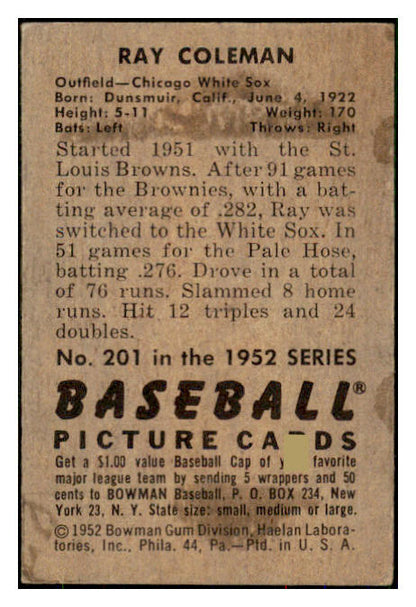 1952 Bowman Baseball #201 Ray Coleman White Sox VG-EX 492943