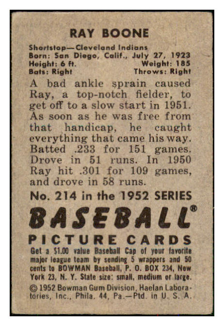 1952 Bowman Baseball #214 Ray Boone Indians VG 492947