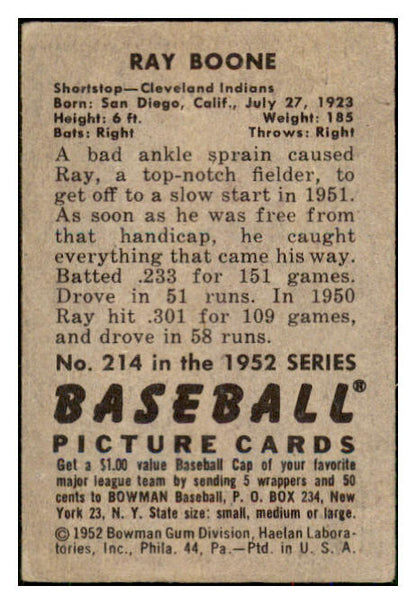 1952 Bowman Baseball #214 Ray Boone Indians VG 492947