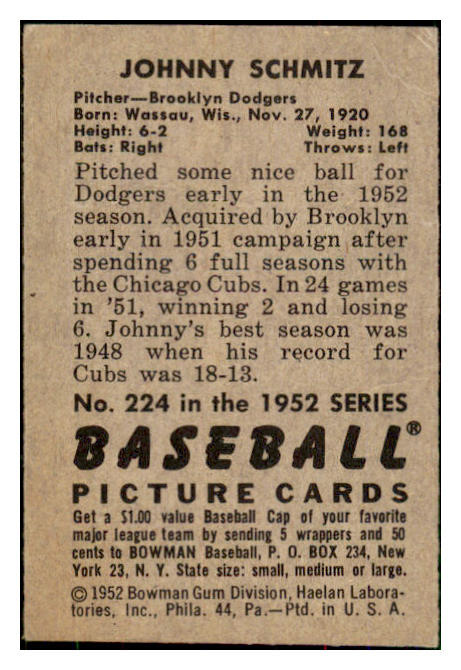 1952 Bowman Baseball #224 Johnny Schmitz Dodgers GD-VG 492958