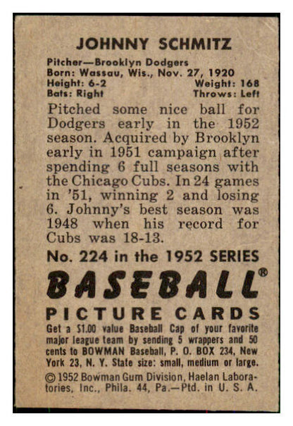 1952 Bowman Baseball #224 Johnny Schmitz Dodgers GD-VG 492958