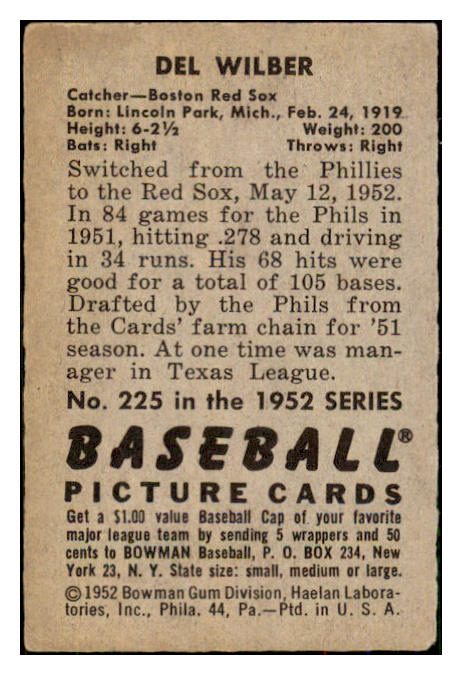 1952 Bowman Baseball #225 Del Wilber Red Sox GD-VG 492959