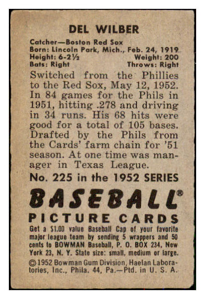 1952 Bowman Baseball #225 Del Wilber Red Sox GD-VG 492959