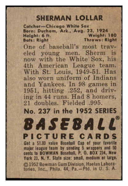 1952 Bowman Baseball #237 Sherm Lollar White Sox GD-VG 492973