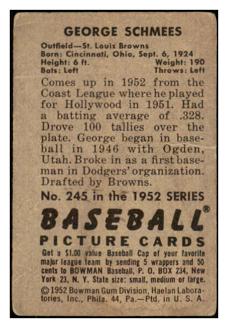 1952 Bowman Baseball #245 George Schmees Browns GD-VG 492985