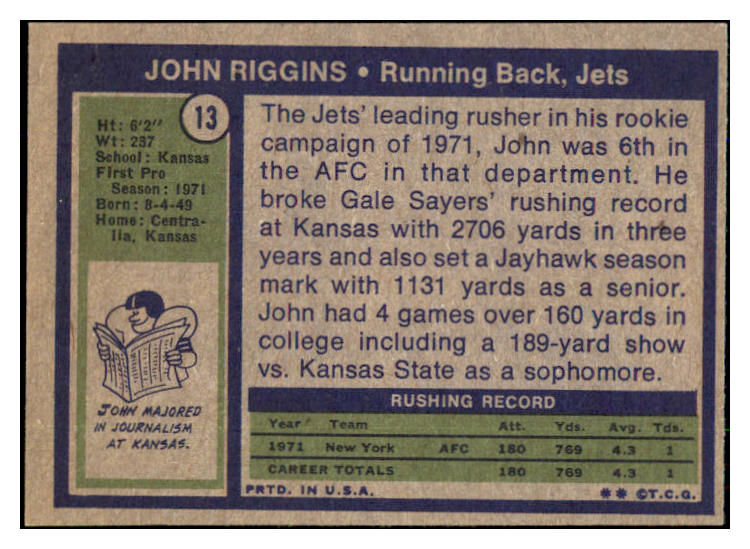 1972 Topps Football #013 John Riggins Jets EX-MT 493384