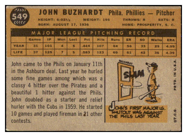 1960 Topps Baseball #549 John Buzhardt Phillies EX-MT 493418