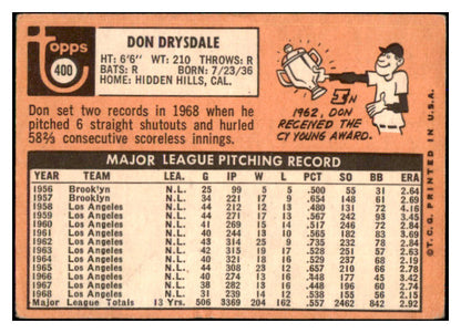 1969 Topps Baseball #400 Don Drysdale Dodgers GD-VG 493445