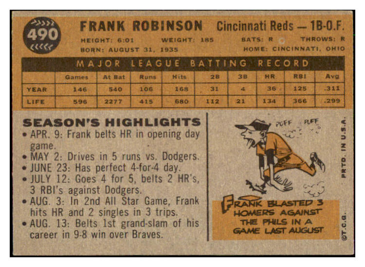 1960 Topps Baseball #490 Frank Robinson Reds EX 493521