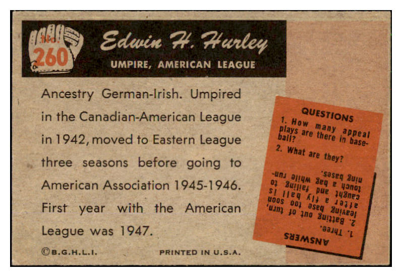1955 Bowman Baseball #260 Edwin Hurley Umpire NR-MT 493669